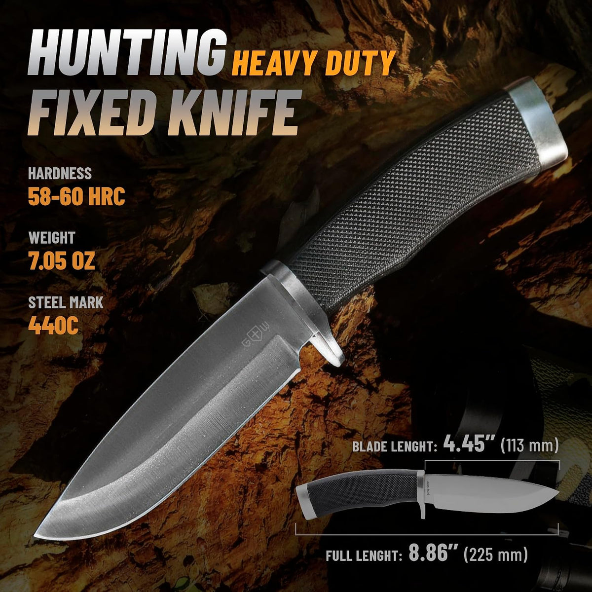 Hunting Knife with Sheath Survival Knives for Men - Best Tactical Camping Hunting Hiking Knife - Bushcraft Field Gear Accessories Tool - Fixed Blade Sharp Knofe with Rubber Handle for Men 148109