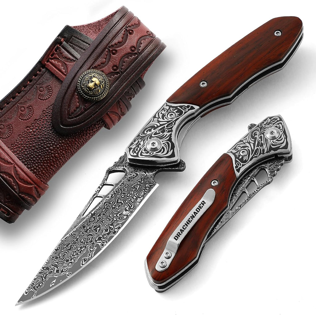 Damascus Pocket Knife for Men with Clip and Leather Sheath, Handcrafted 67-Layer Damascus Steel Folding Knife, Wood Handle, Ideal Gift for Father & Collector