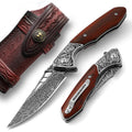 Damascus Pocket Knife for Men with Clip and Leather Sheath, Handcrafted 67-Layer Damascus Steel Folding Knife, Wood Handle, Ideal Gift for Father & Collector