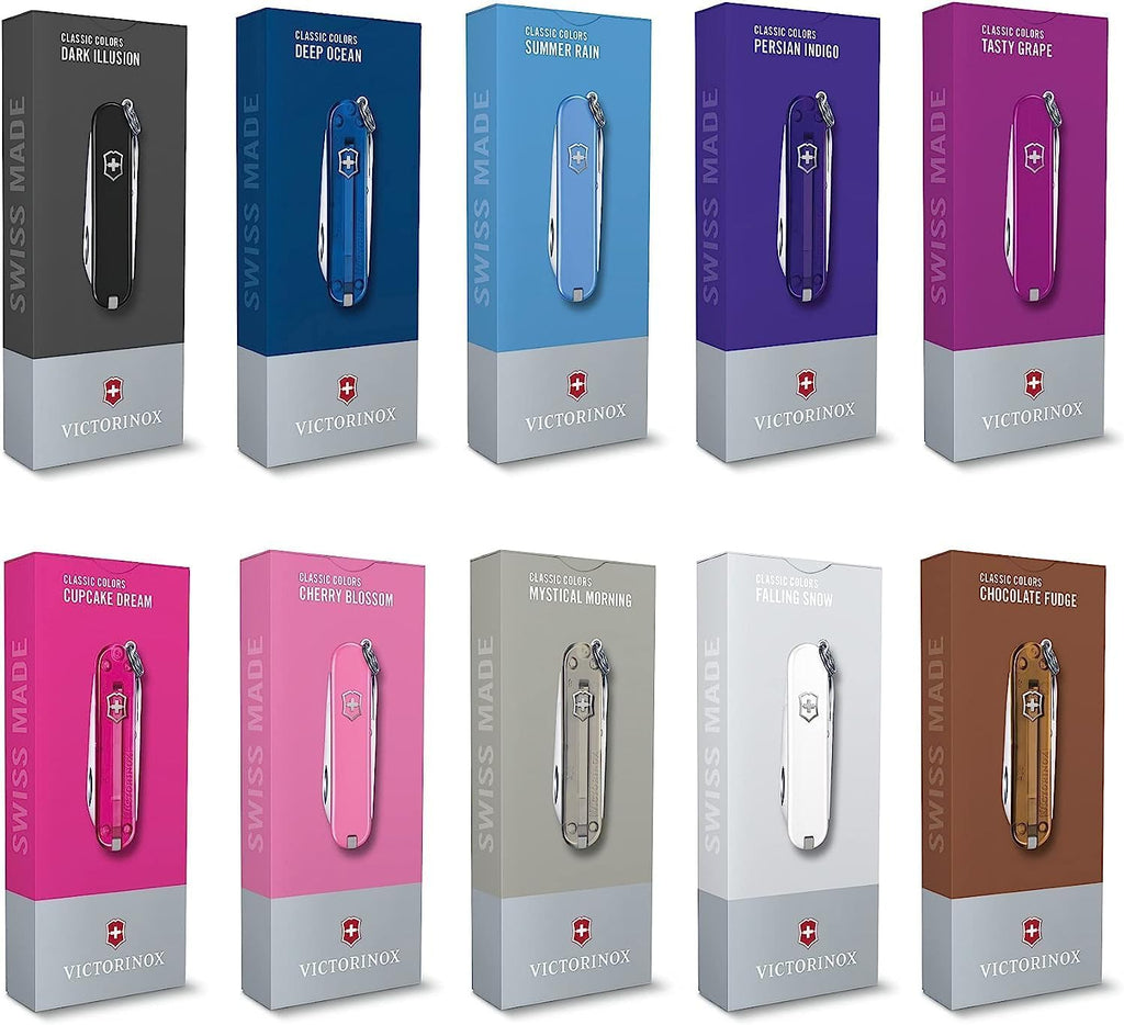 Victorinox Classic SD Swiss Army Knife, Compact, 7 Functions, Swiss Made Pocket Knife with Small Blade, Screwdriver and Key Ring - Persian Indigo (Purple Translucent)