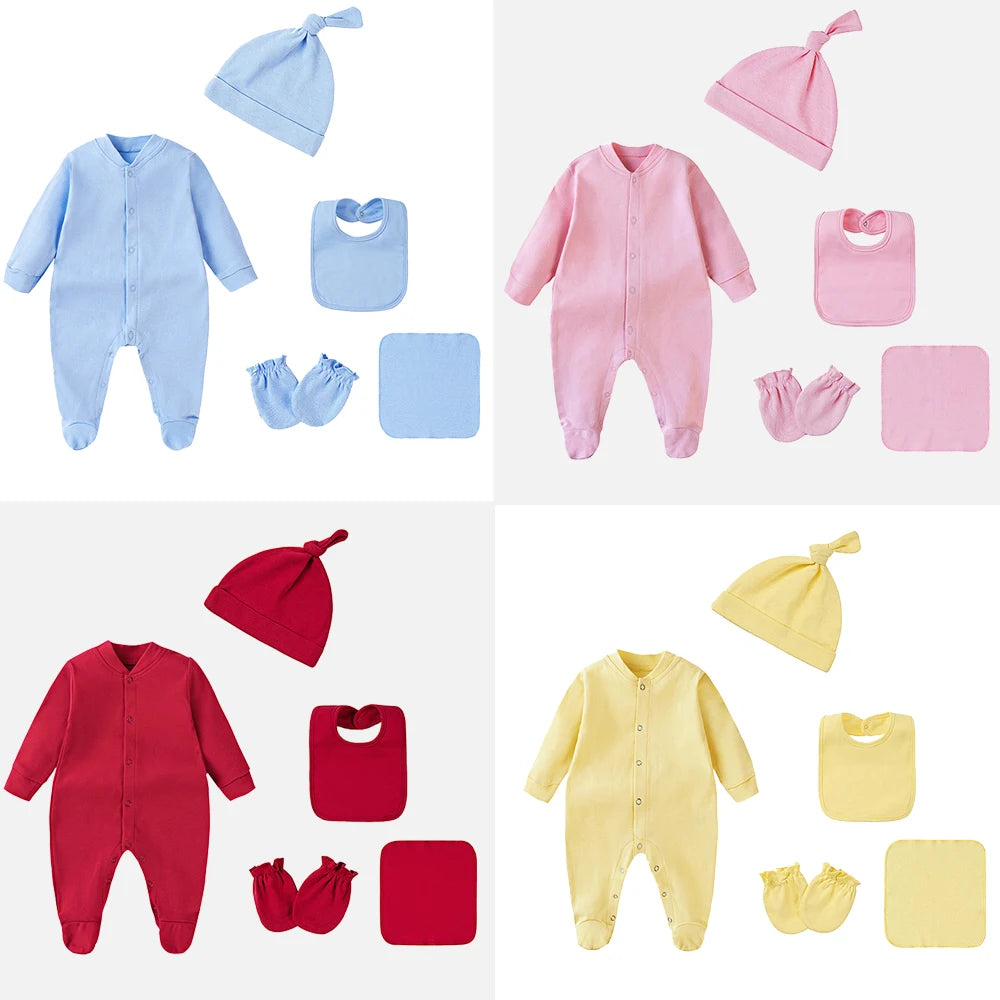 Baby Outfits Boy Girl Newborn 0 to 3 6 9 12 Months Spring Winter Cute Soft Baby Onesie Jumpsuit+Bibs+Hat Cotton Baby Clothes Set
