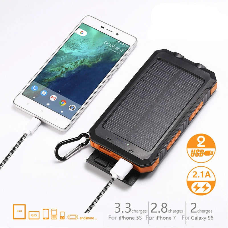2000000Mah Solar Power Bank Waterproof Portable Solar Panel Powerbank External Battery Charger Powerbank with LED Camping Light