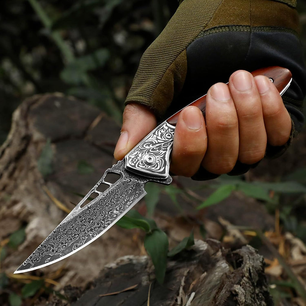 Damascus Pocket Knife for Men with Clip and Leather Sheath, Handcrafted 67-Layer Damascus Steel Folding Knife, Wood Handle, Ideal Gift for Father & Collector