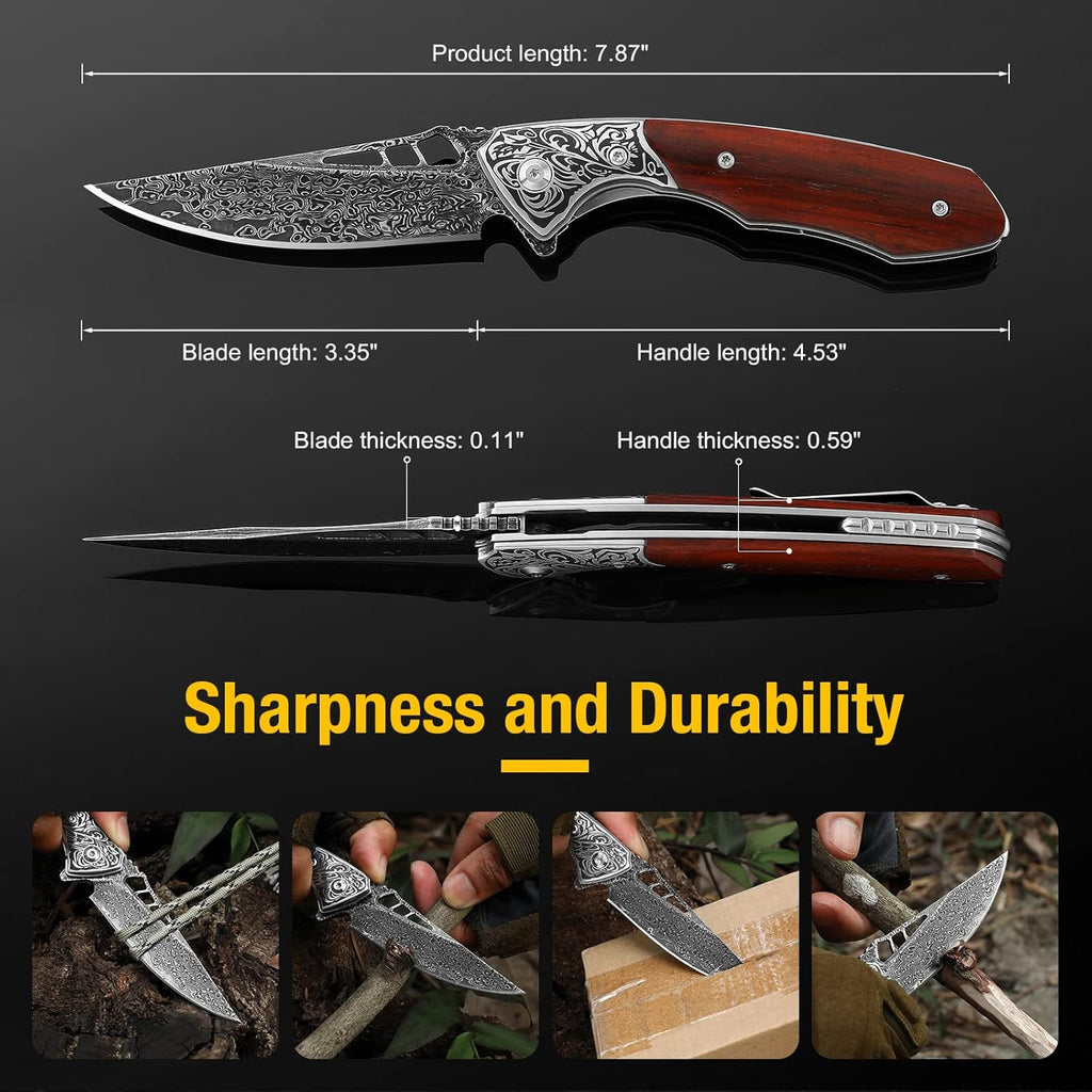 Damascus Pocket Knife for Men with Clip and Leather Sheath, Handcrafted 67-Layer Damascus Steel Folding Knife, Wood Handle, Ideal Gift for Father & Collector