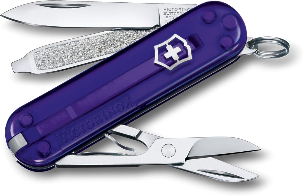 Victorinox Classic SD Swiss Army Knife, Compact, 7 Functions, Swiss Made Pocket Knife with Small Blade, Screwdriver and Key Ring - Persian Indigo (Purple Translucent)