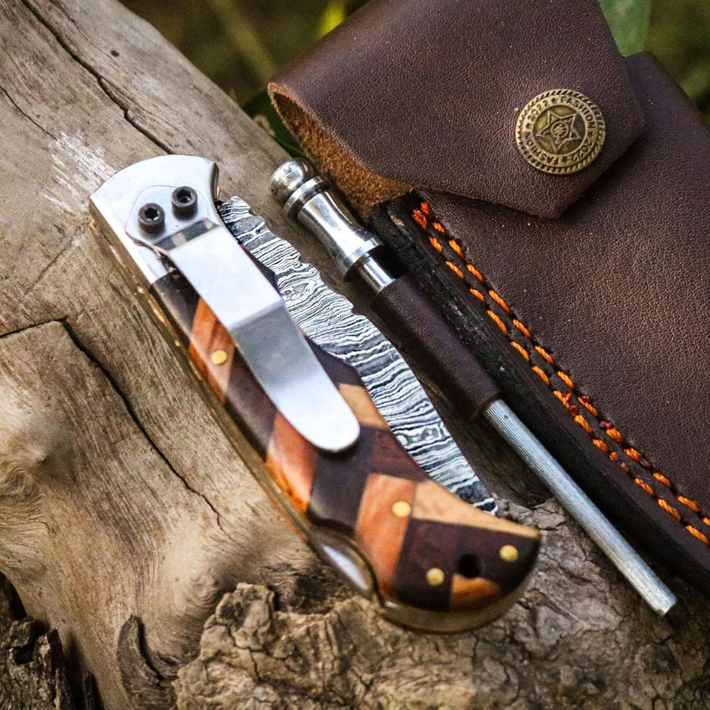 Damascus Pocket Knife for Men Handmade - 6.5 Inches Damascus Folding Knife with Sheath -Ideal for Him as an Anniversary Present - Best for EDC - Camping and Hiking - Pocket Knives with Back Lock