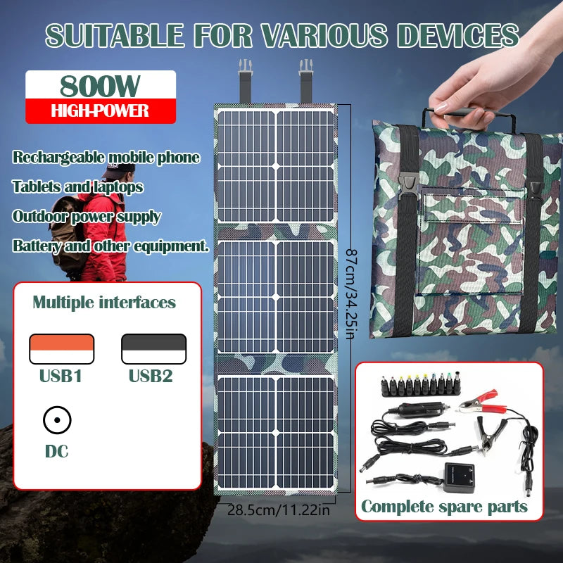 800W Solar Generator with 12V Battery Charging & 5V USB – Portable Foldable Power Station for Camping, Hiking, and Adventures