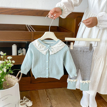 2026 Autumn Girls' Outfit: Lace-Trimmed Color-Block Knit Cardigan with Bow and Matching Tight Two-Piece Set