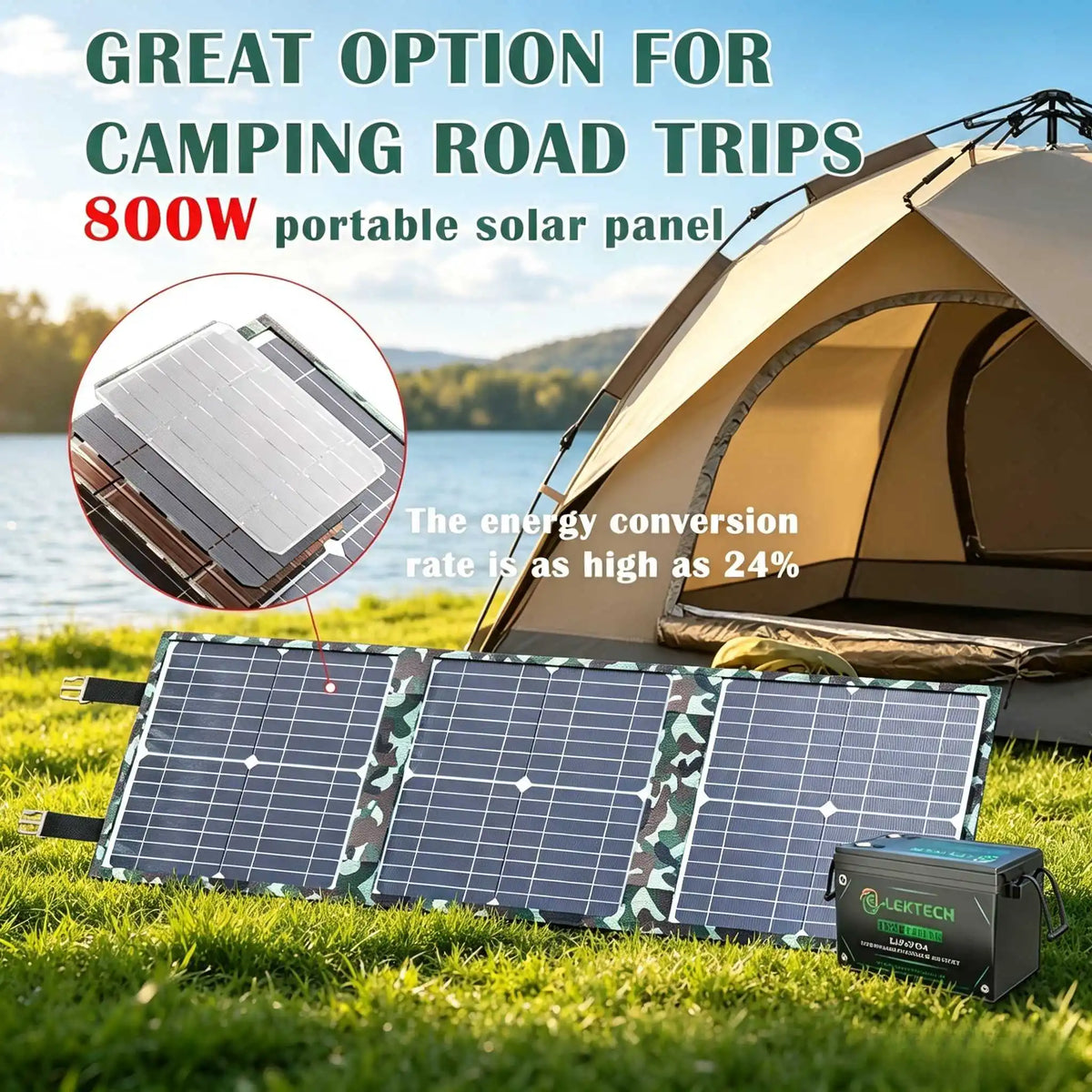 800W Solar Generator with 12V Battery Charging & 5V USB – Portable Foldable Power Station for Camping, Hiking, and Adventures