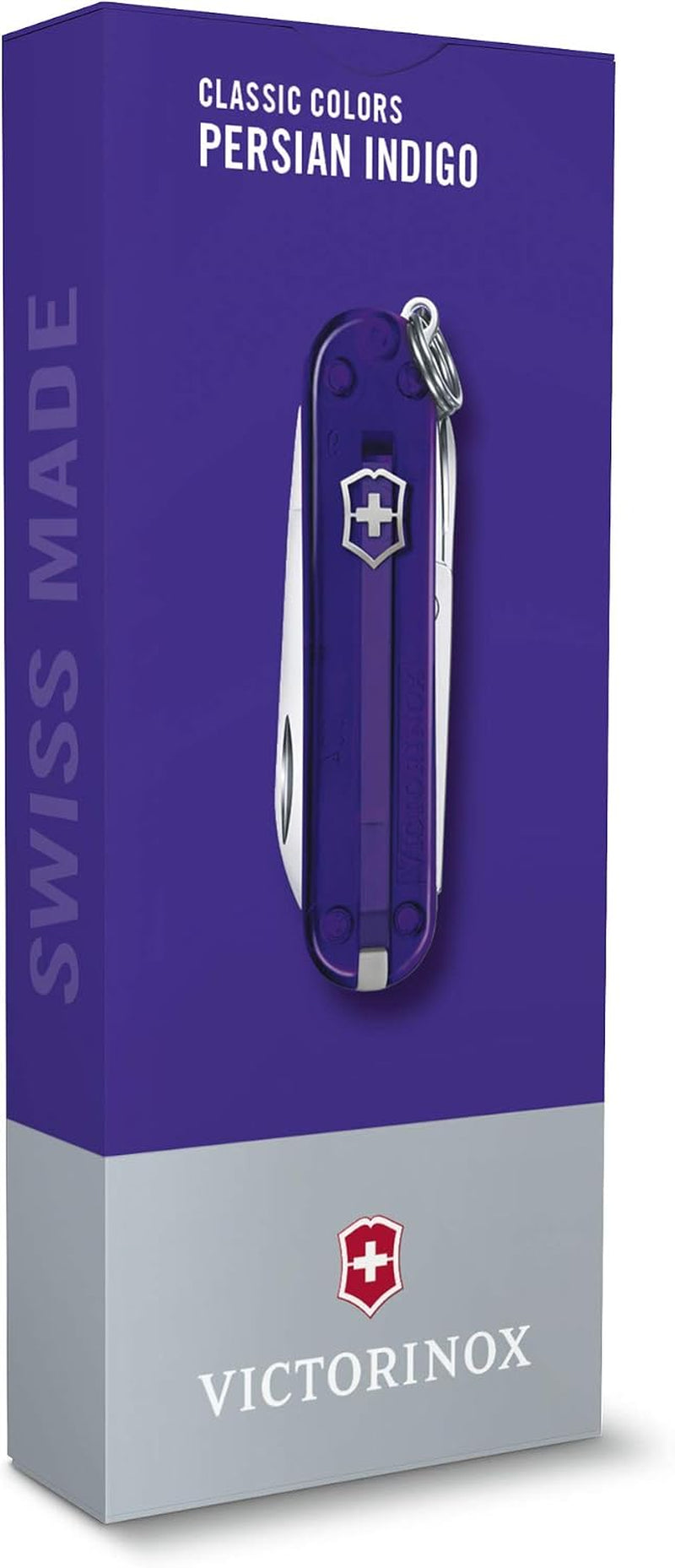 Victorinox Classic SD Swiss Army Knife, Compact, 7 Functions, Swiss Made Pocket Knife with Small Blade, Screwdriver and Key Ring - Persian Indigo (Purple Translucent)