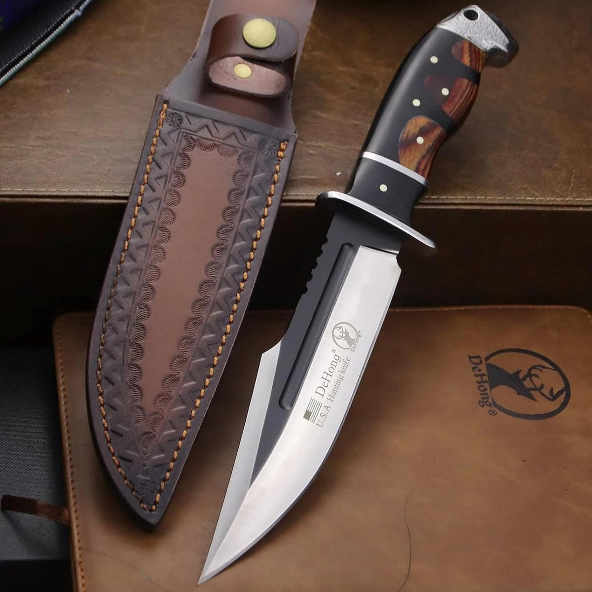 (Dehong-88 Hunting Knife, 7.1" (About 18 Cm) Fixed Blade Tactical Knife ，Configure Leather Scabbard,Camping, Survival， Slicing, Boning, Gift Collection