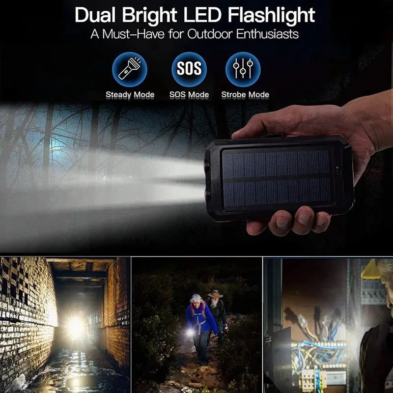 2000000Mah Solar Power Bank Waterproof Portable Solar Panel Powerbank External Battery Charger Powerbank with LED Camping Light