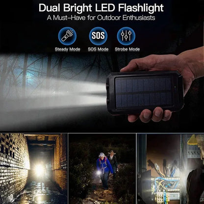 2000000Mah Solar Power Bank Waterproof Portable Solar Panel Powerbank External Battery Charger Powerbank with LED Camping Light