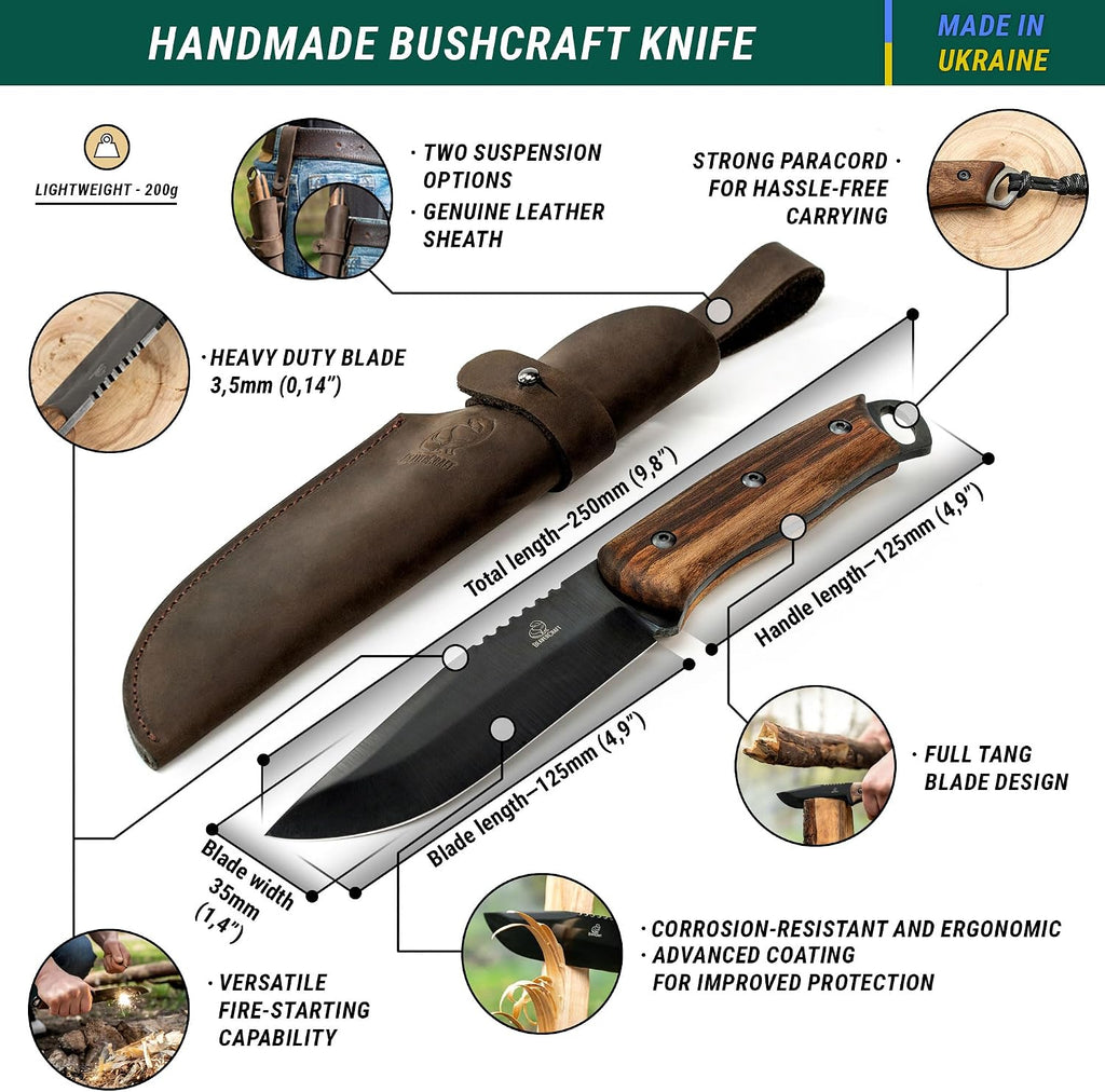 Bushcraft Knife Full Tang Carbon Steel BSH4 Dusk - Bush Fixed Blade Camping Knife with Sheath for Belt – Hiking, Survival Knives Tools Bushcraft Gear
