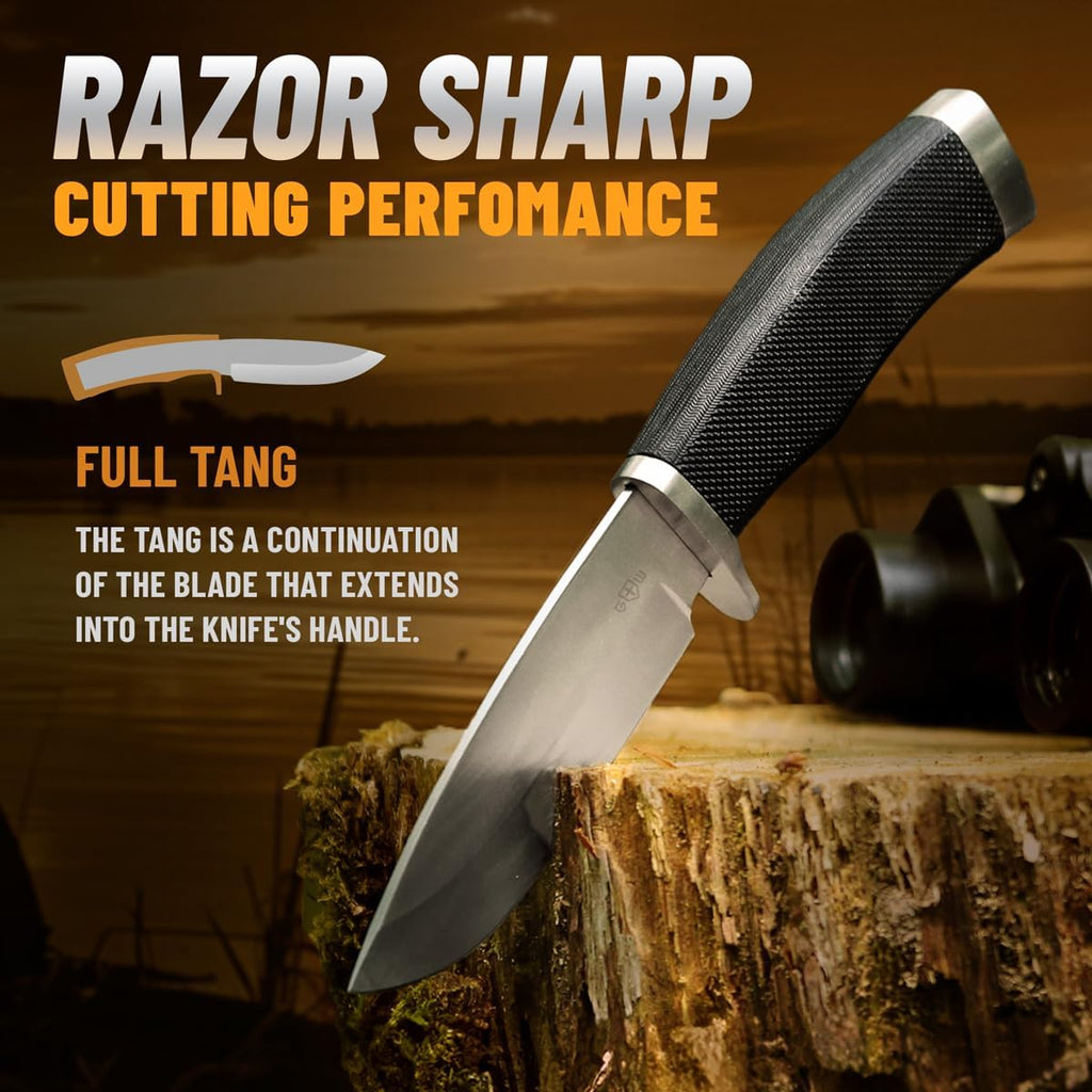 Hunting Knife with Sheath Survival Knives for Men - Best Tactical Camping Hunting Hiking Knife - Bushcraft Field Gear Accessories Tool - Fixed Blade Sharp Knofe with Rubber Handle for Men 148109