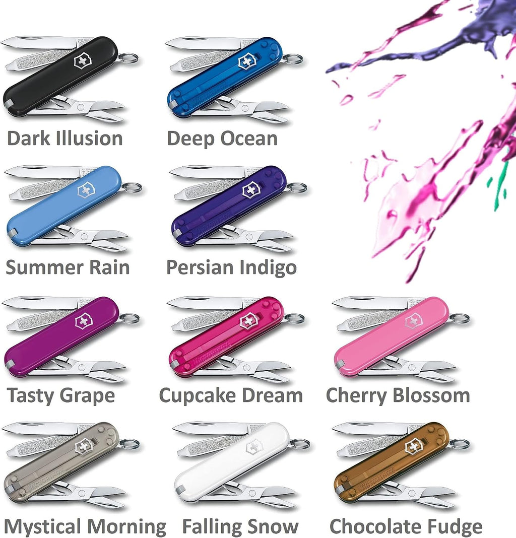 Victorinox Classic SD Swiss Army Knife, Compact, 7 Functions, Swiss Made Pocket Knife with Small Blade, Screwdriver and Key Ring - Persian Indigo (Purple Translucent)