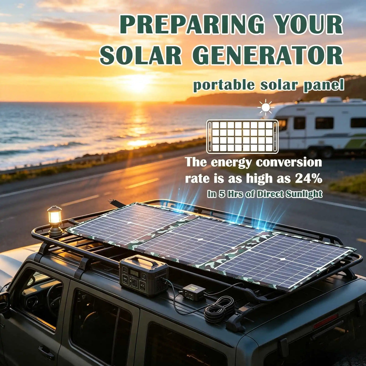 800W Solar Generator with 12V Battery Charging & 5V USB – Portable Foldable Power Station for Camping, Hiking, and Adventures