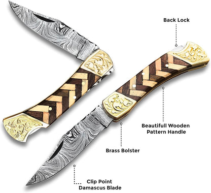 Handmade Damascus Pocket Knife with Sheath, 7" Folding Hunting Knife with Wood Handle, Small Camping Knife for Outdoor