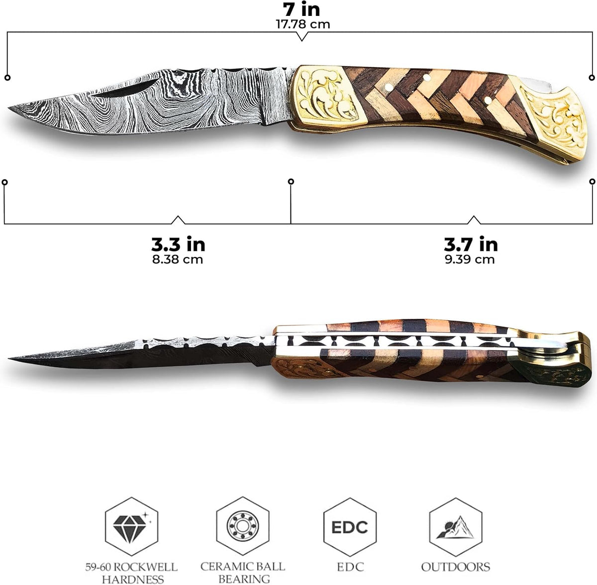 Handmade Damascus Pocket Knife with Sheath, 7" Folding Hunting Knife with Wood Handle, Small Camping Knife for Outdoor