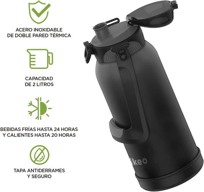 2 Litre Stainless Steel Water Flask Ultra Resistant with Handle, Straw and Adjustable Strap, Airtight with Lock Insurance, Cold up to 24 Hours and Hot up to 20 Hours