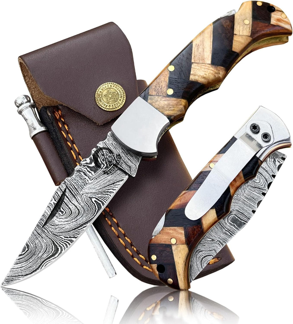 Damascus Pocket Knife for Men Handmade - 6.5 Inches Damascus Folding Knife with Sheath -Ideal for Him as an Anniversary Present - Best for EDC - Camping and Hiking - Pocket Knives with Back Lock
