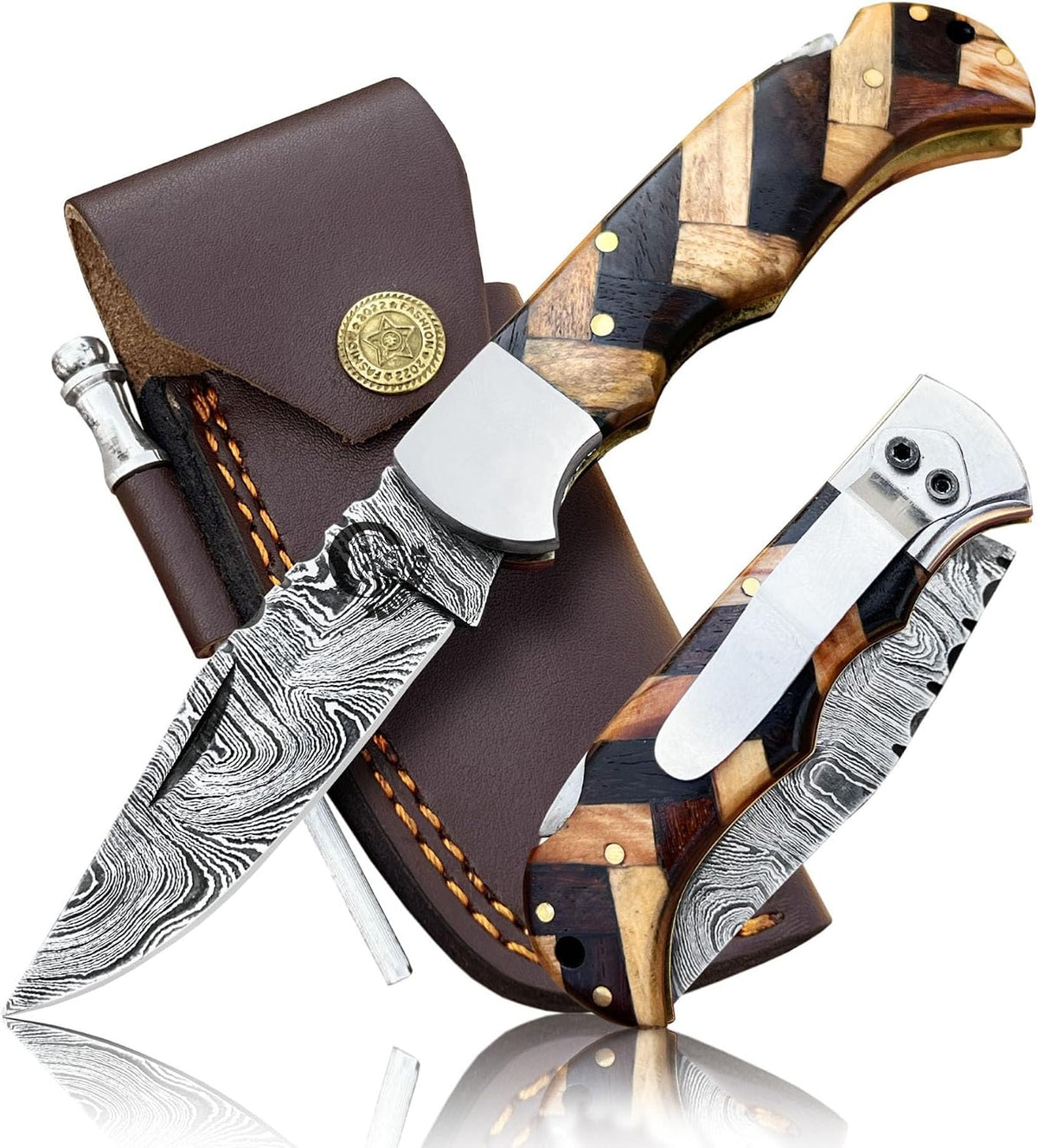 Damascus Pocket Knife for Men Handmade - 6.5 Inches Damascus Folding Knife with Sheath -Ideal for Him as an Anniversary Present - Best for EDC - Camping and Hiking - Pocket Knives with Back Lock