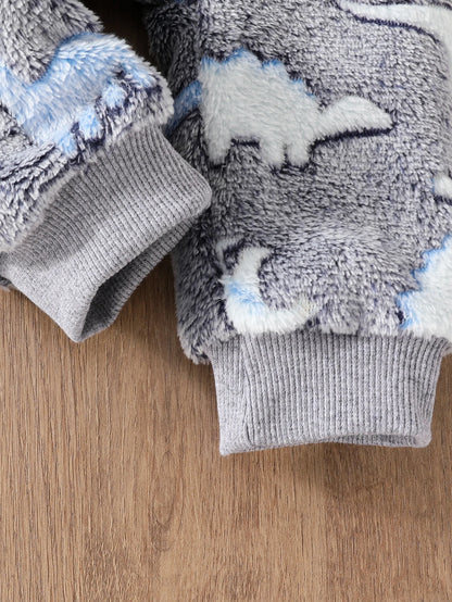 Cute and Warm Casual Fuzzy Dinosaur Printed Onesie for Baby Boys