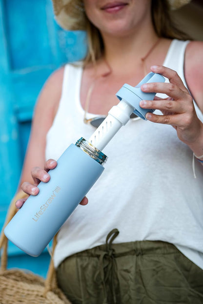 Lifestraw Go Series Stainless Steel Water Filter Bottle, 18 Oz, Aegean Sea