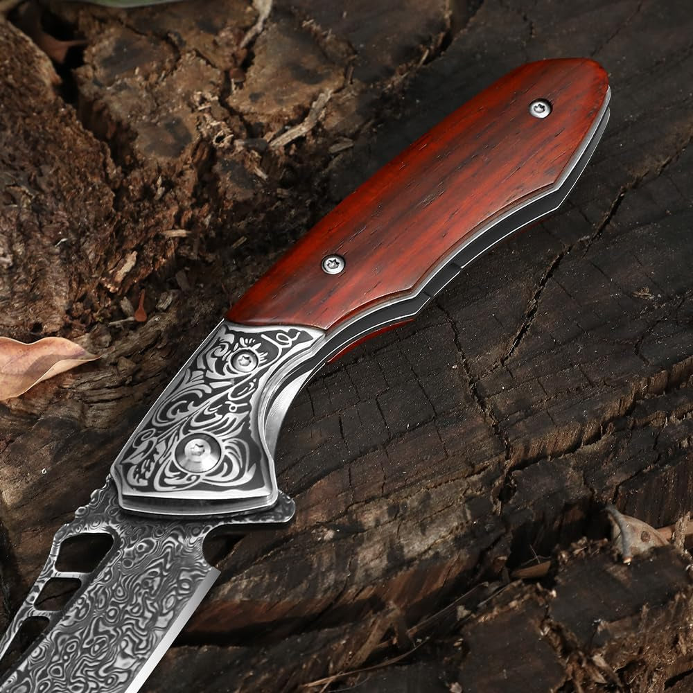 Damascus Pocket Knife for Men with Clip and Leather Sheath, Handcrafted 67-Layer Damascus Steel Folding Knife, Wood Handle, Ideal Gift for Father & Collector
