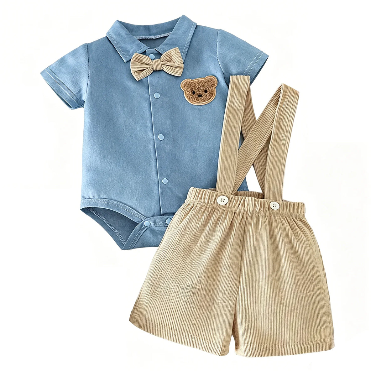 Baby Boys 2Pcs Gentleman Outfits Infant Bear Print Short Sleeve Bodysuit & Suspender Shorts Set Casual Wear 1-18M
