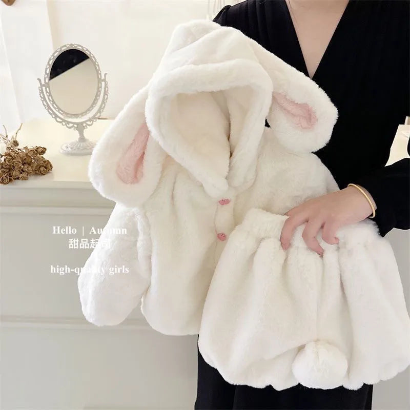 80-130Cm Girl Baby Winter Clothing Set Children'S Cute Plush Thick Hooded Coat+Shorts Warm 2-Piece Set