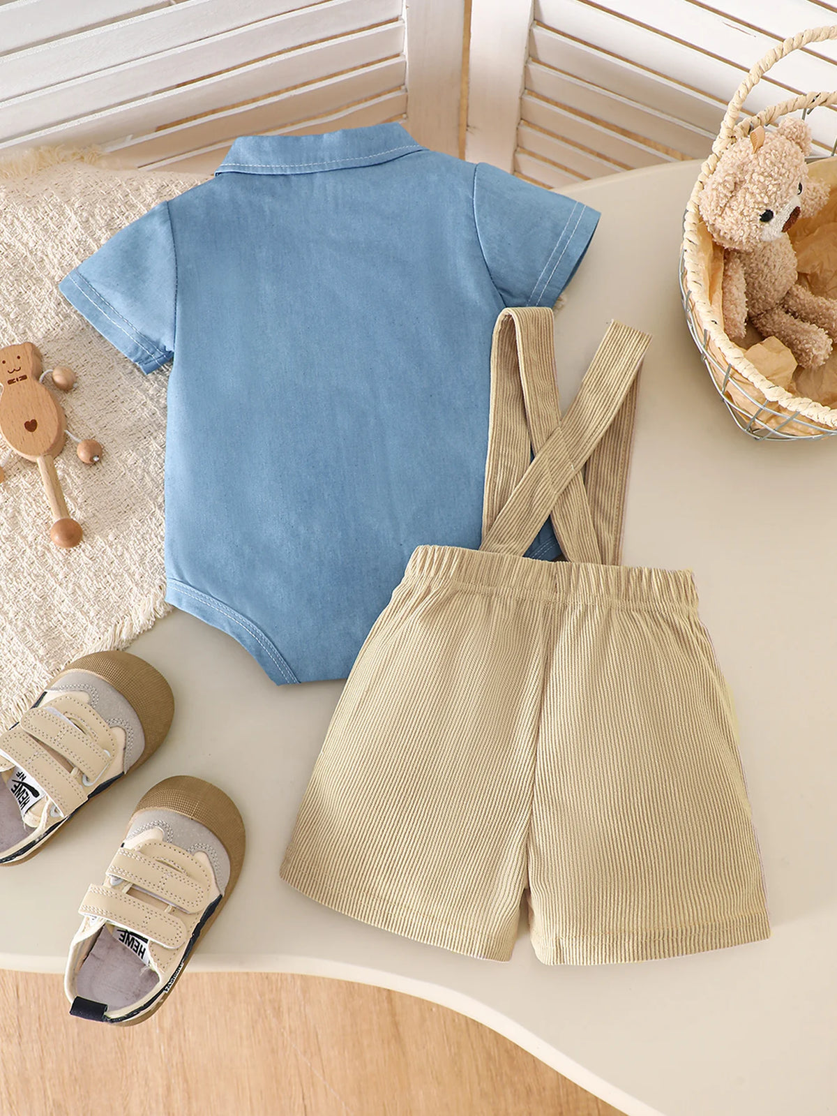 Baby Boys 2Pcs Gentleman Outfits Infant Bear Print Short Sleeve Bodysuit & Suspender Shorts Set Casual Wear 1-18M