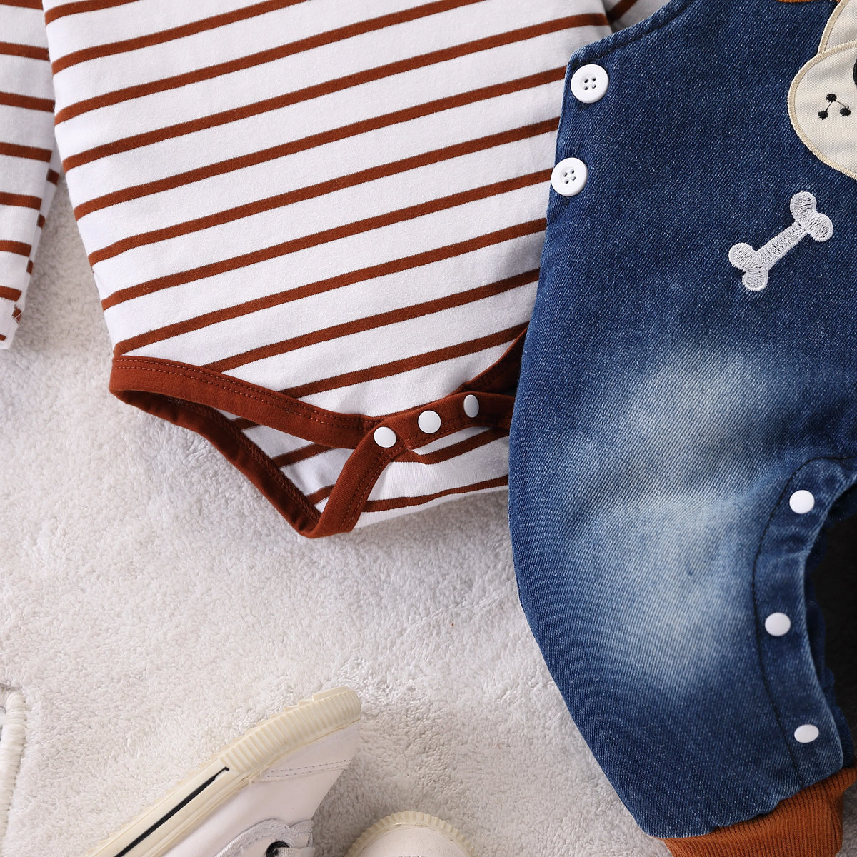 Baby Boy Red and White Striped Jumpsuit + Cute Puppy Pattern Denim Overalls Autumn and Winter Outfit Cute Outdoor Clothing