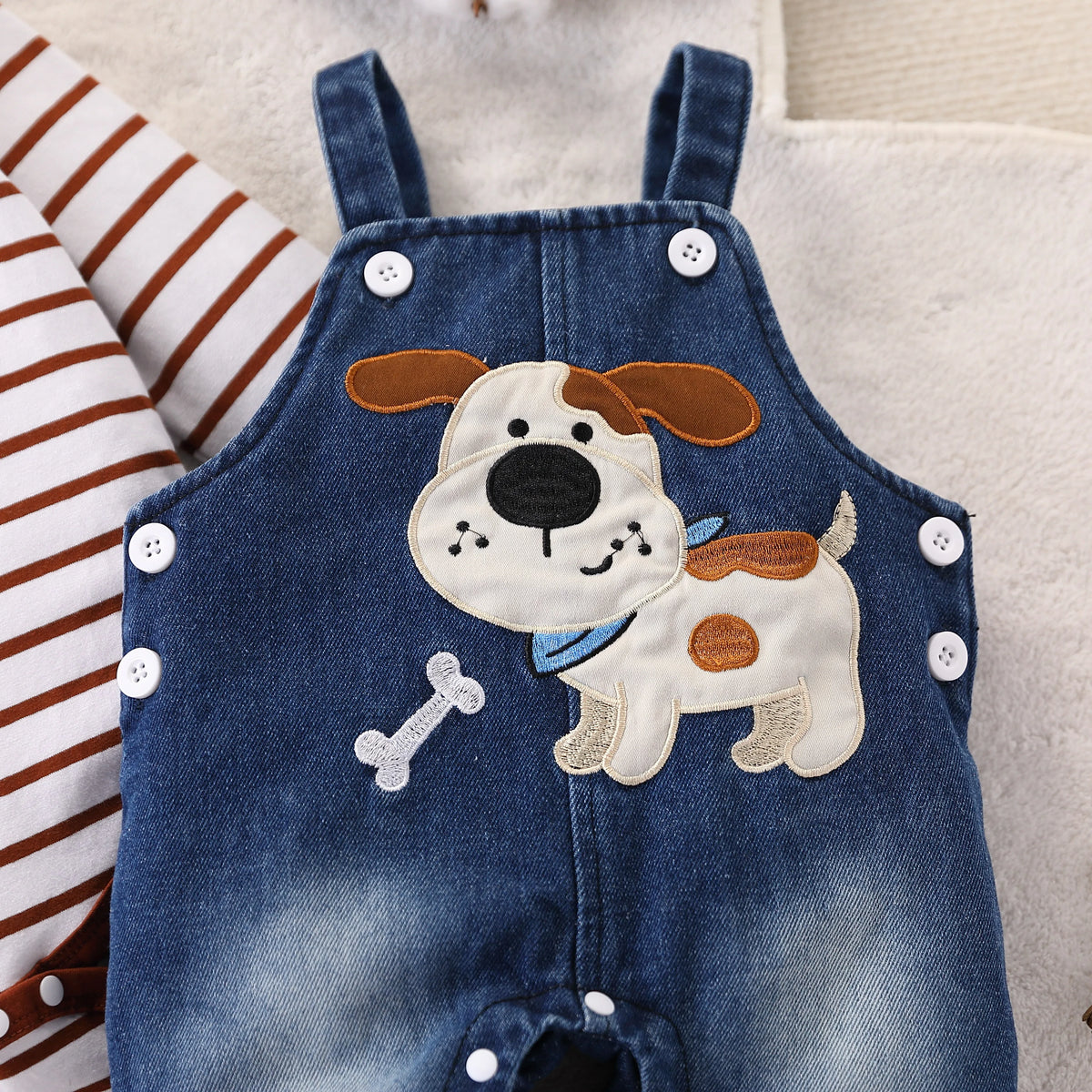 Baby Boy Red and White Striped Jumpsuit + Cute Puppy Pattern Denim Overalls Autumn and Winter Outfit Cute Outdoor Clothing