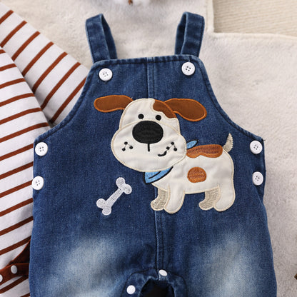 Baby Boy Red and White Striped Jumpsuit + Cute Puppy Pattern Denim Overalls Autumn and Winter Outfit Cute Outdoor Clothing