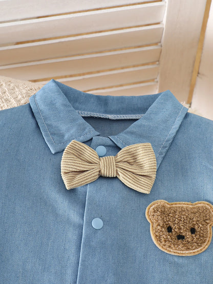 Baby Boys 2Pcs Gentleman Outfits Infant Bear Print Short Sleeve Bodysuit & Suspender Shorts Set Casual Wear 1-18M