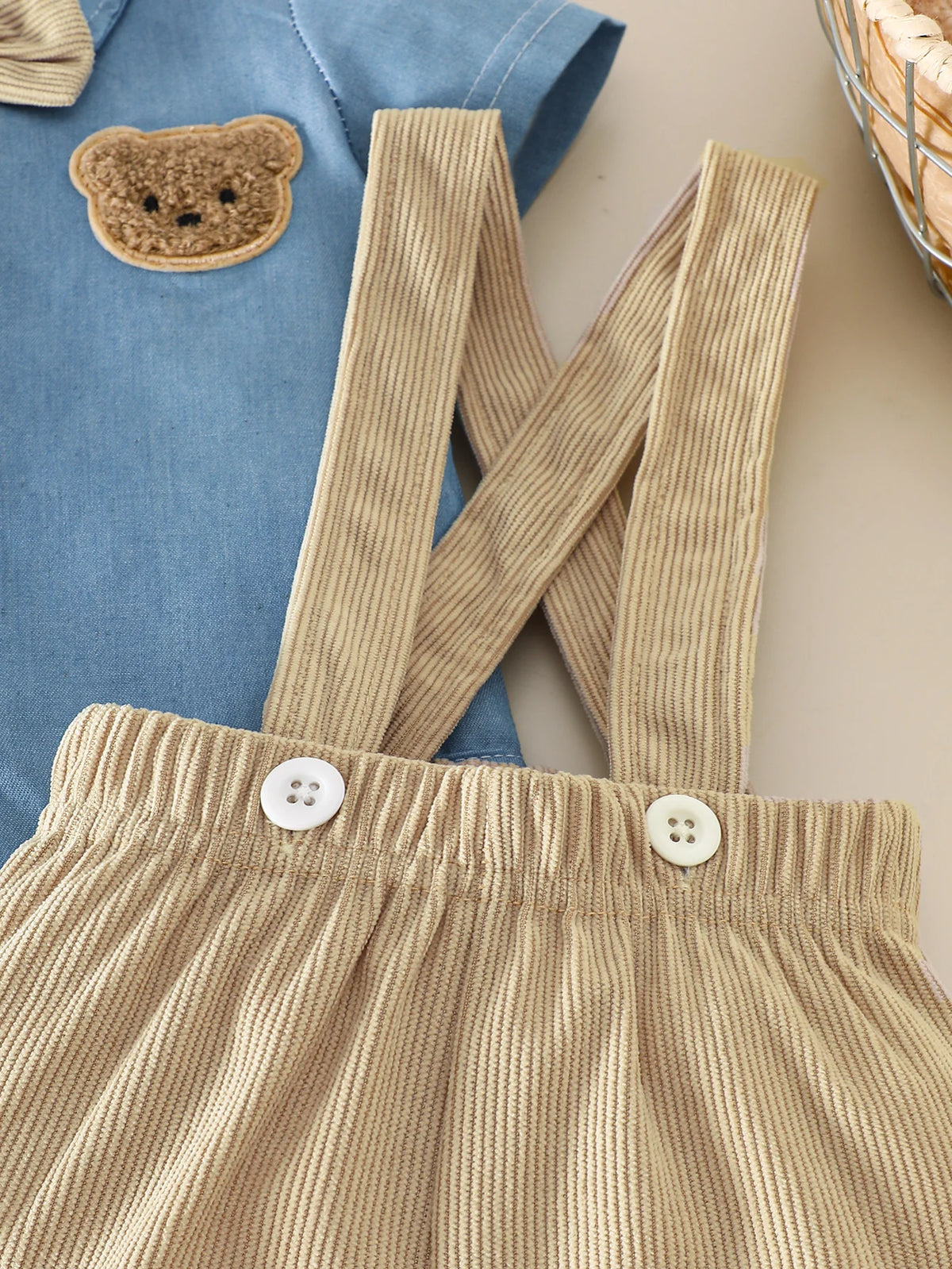 Baby Boys 2Pcs Gentleman Outfits Infant Bear Print Short Sleeve Bodysuit & Suspender Shorts Set Casual Wear 1-18M