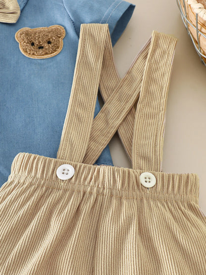Baby Boys 2Pcs Gentleman Outfits Infant Bear Print Short Sleeve Bodysuit & Suspender Shorts Set Casual Wear 1-18M