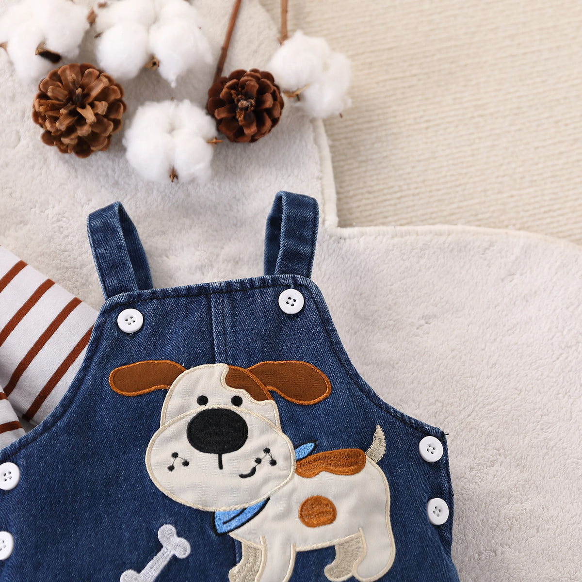Baby Boy Red and White Striped Jumpsuit + Cute Puppy Pattern Denim Overalls Autumn and Winter Outfit Cute Outdoor Clothing