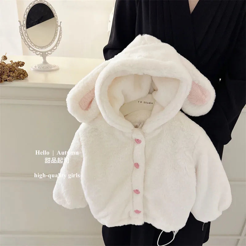 80-130Cm Girl Baby Winter Clothing Set Children'S Cute Plush Thick Hooded Coat+Shorts Warm 2-Piece Set