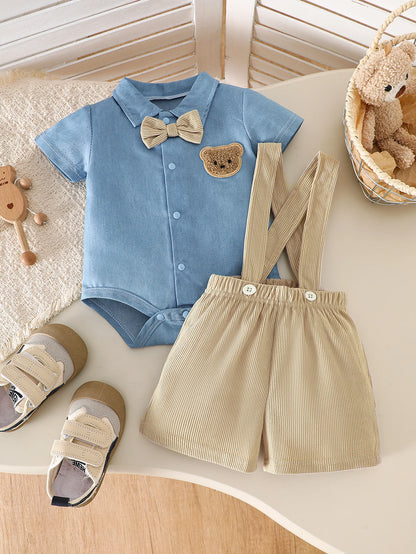 Baby Boys 2Pcs Gentleman Outfits Infant Bear Print Short Sleeve Bodysuit & Suspender Shorts Set Casual Wear 1-18M