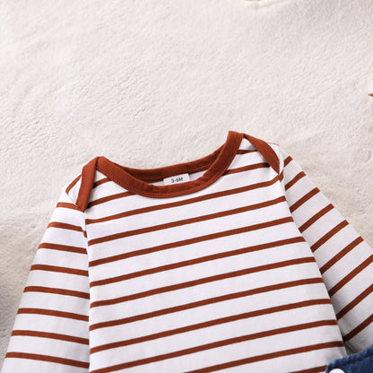 Baby Boy Red and White Striped Jumpsuit + Cute Puppy Pattern Denim Overalls Autumn and Winter Outfit Cute Outdoor Clothing