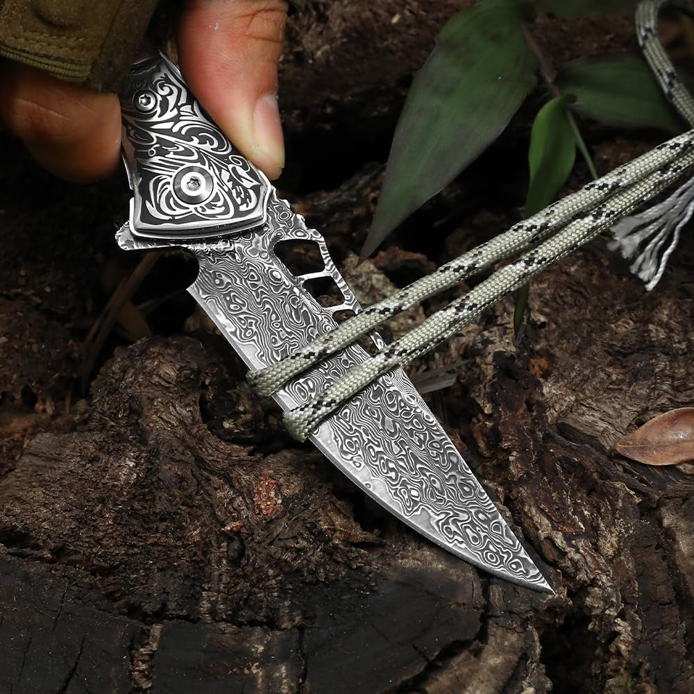 Damascus Pocket Knife for Men with Clip and Leather Sheath, Handcrafted 67-Layer Damascus Steel Folding Knife, Wood Handle, Ideal Gift for Father & Collector