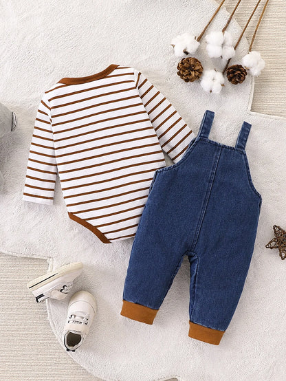 Baby Boy Red and White Striped Jumpsuit + Cute Puppy Pattern Denim Overalls Autumn and Winter Outfit Cute Outdoor Clothing