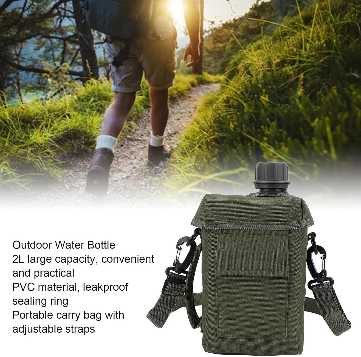 2L Tactical Water Bottle - Insulated Water Bottle, Military Water Bottle with Rugged, Removable Sleeve Tactical Carrier Bag Leak Proof PVC for Outdoor Sport (OD Green)