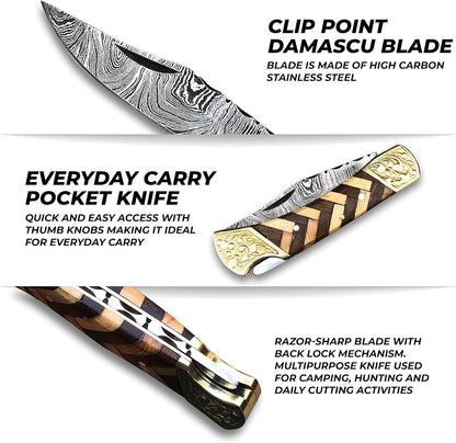 Handmade Damascus Pocket Knife with Sheath, 7" Folding Hunting Knife with Wood Handle, Small Camping Knife for Outdoor