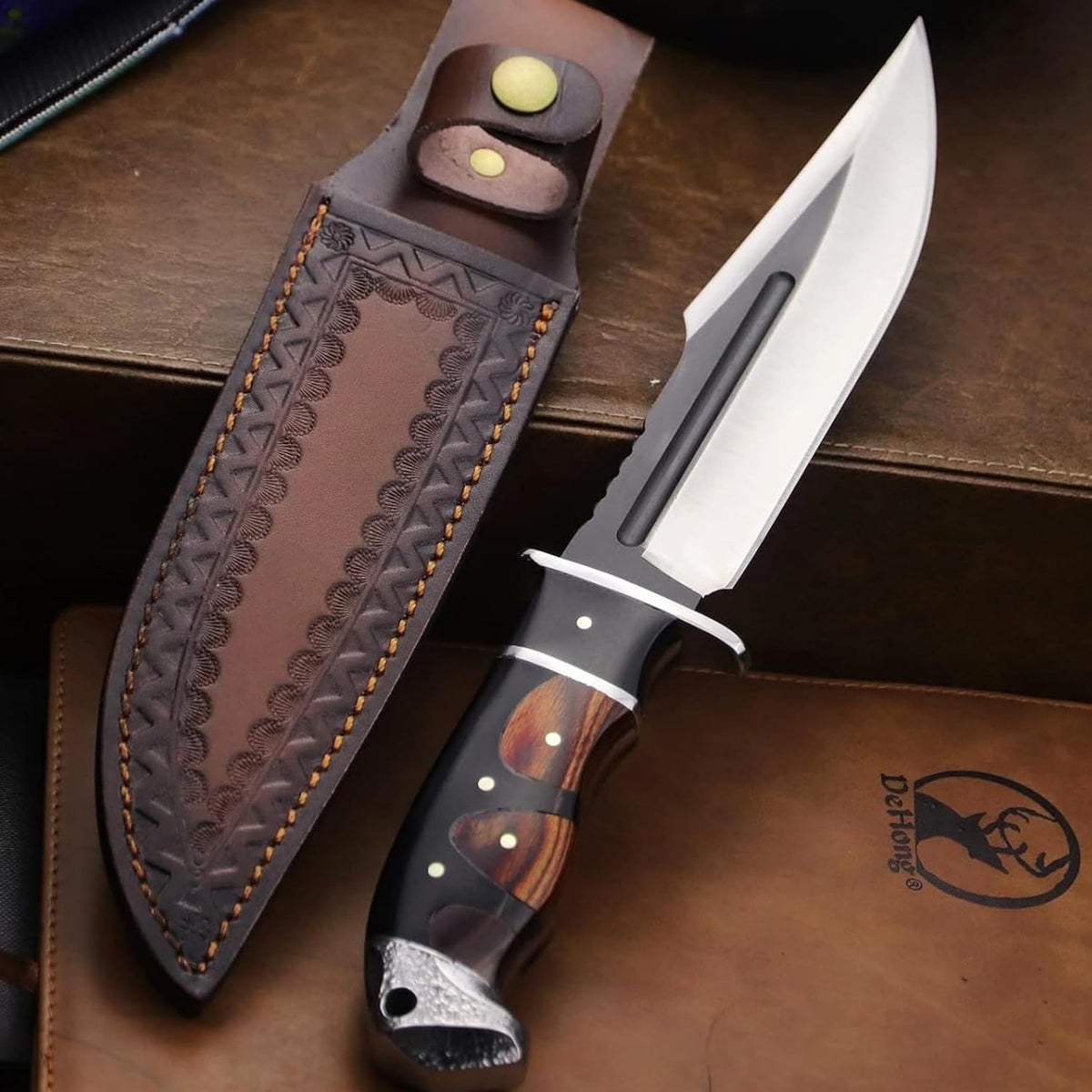 (Dehong-88 Hunting Knife, 7.1" (About 18 Cm) Fixed Blade Tactical Knife ，Configure Leather Scabbard,Camping, Survival， Slicing, Boning, Gift Collection