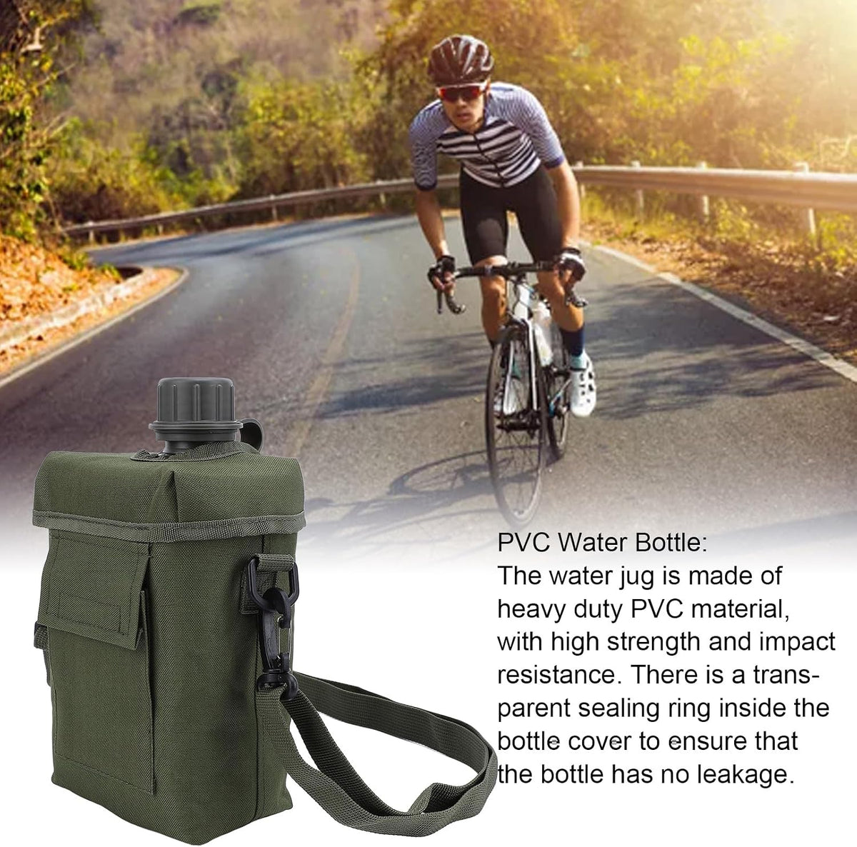 2L Tactical Water Bottle - Insulated Water Bottle, Military Water Bottle with Rugged, Removable Sleeve Tactical Carrier Bag Leak Proof PVC for Outdoor Sport (OD Green)
