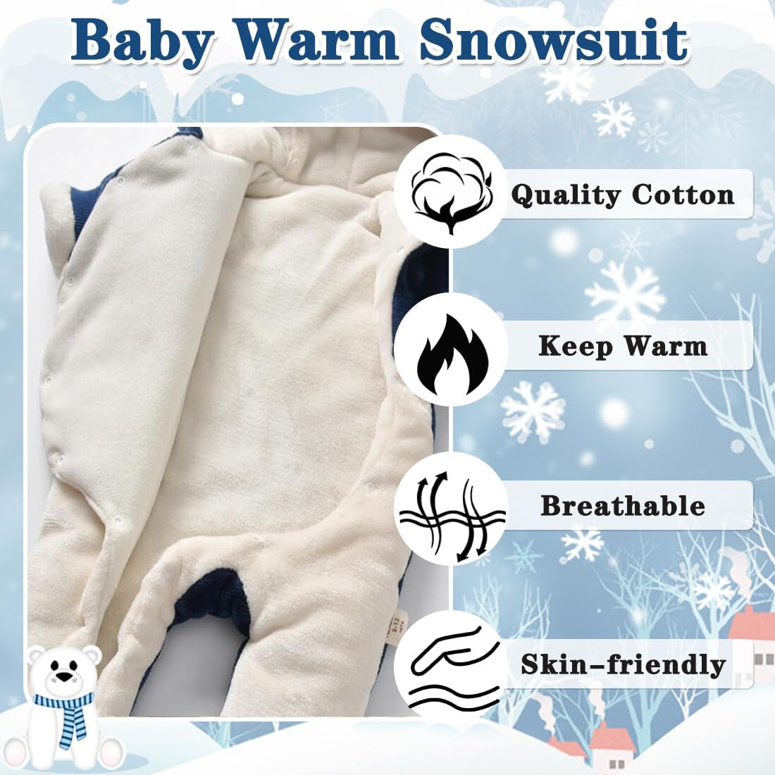 Cozy and Adorable Newborn Baby Bear Snowsuit - Winter Warm Fleece Romper for Infants 0-18M