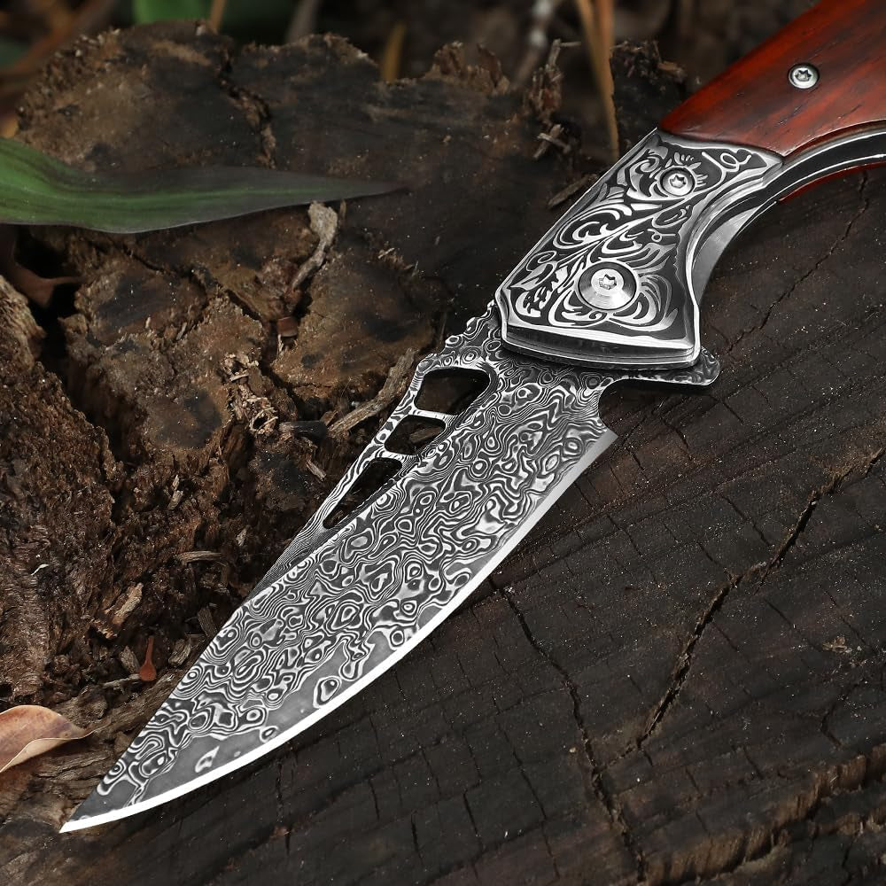Damascus Pocket Knife for Men with Clip and Leather Sheath, Handcrafted 67-Layer Damascus Steel Folding Knife, Wood Handle, Ideal Gift for Father & Collector